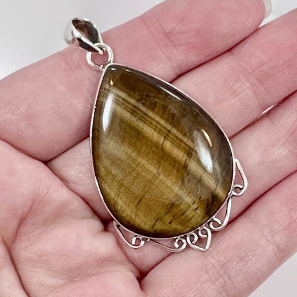 Tigers Eye Pendant, Sterling Silver, Vintage, Big Stone, 2 1/3" Long, Large - Picture 3 of 4